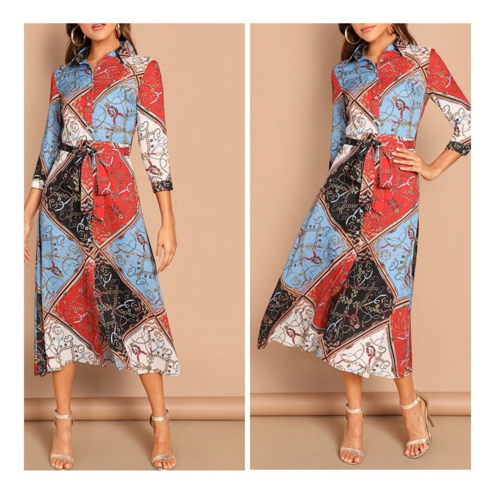 Chain Print High Waist Belted Midi Women’s Multicolor Dress Sz Medium NWT